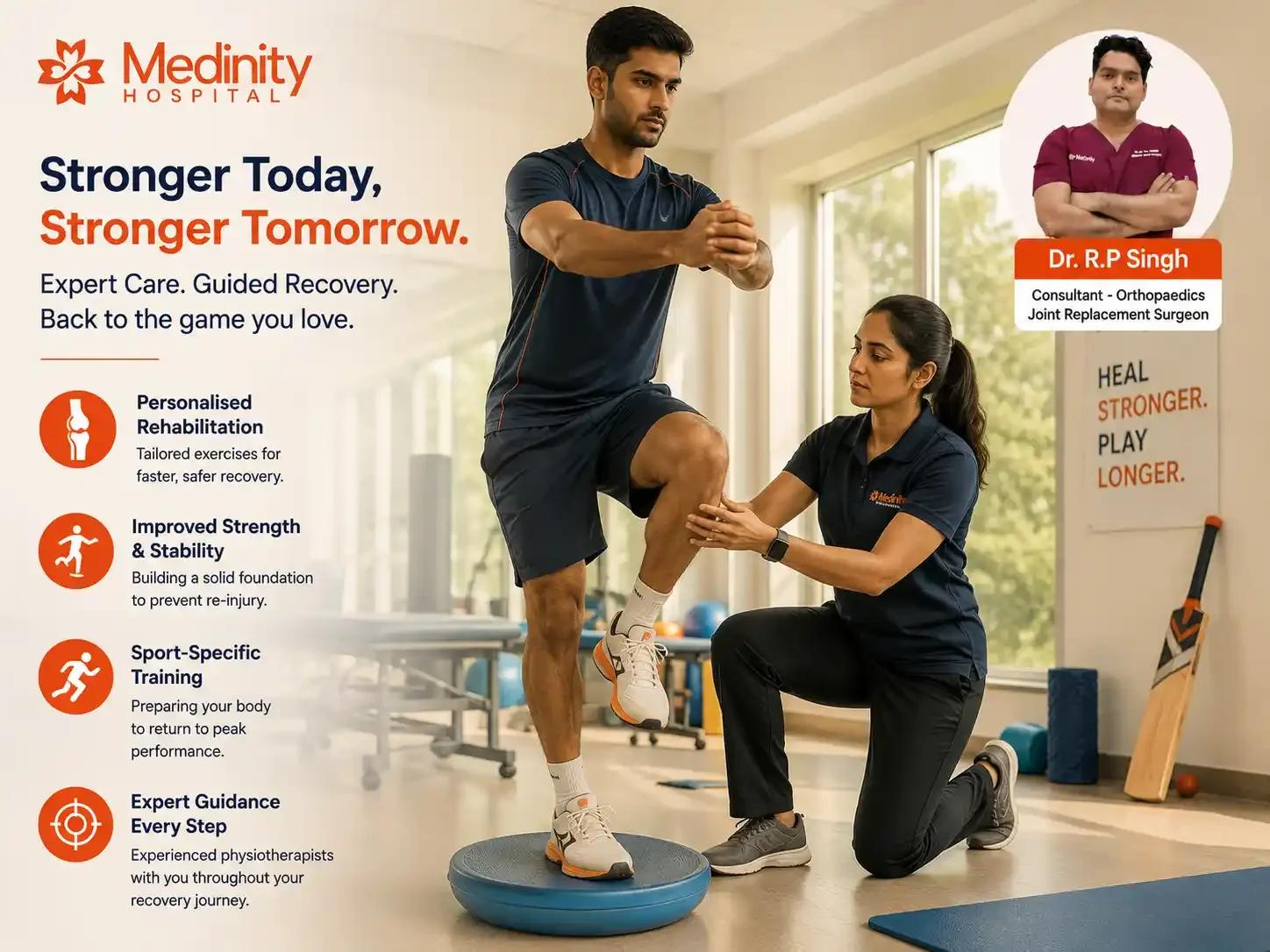 Cricket player physiotherapy rehabilitation session at Medinity Hospital Lucknow