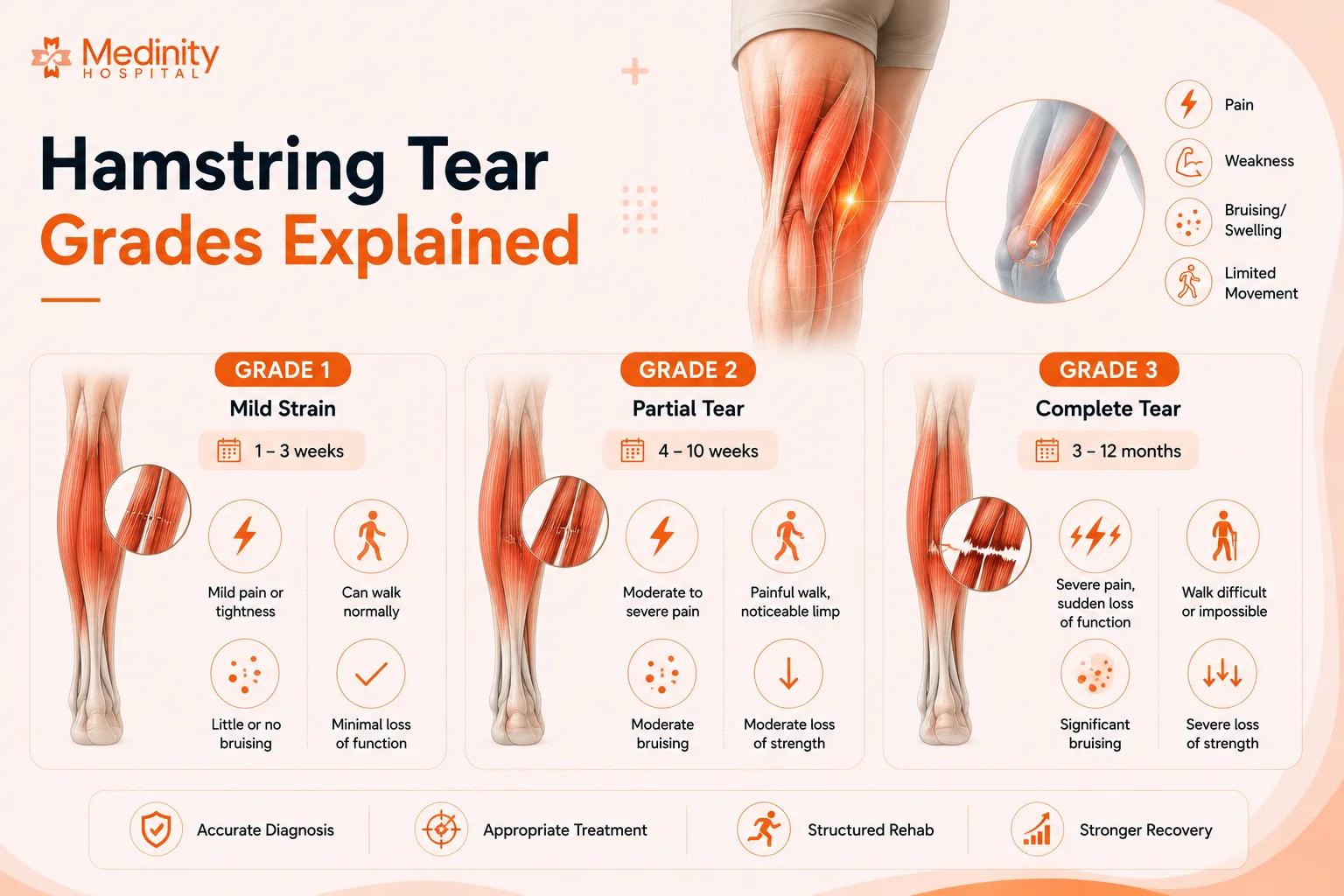 Grade 1 Grade 2 and Grade 3 hamstring tears diagram Medinity Hospital Lucknow