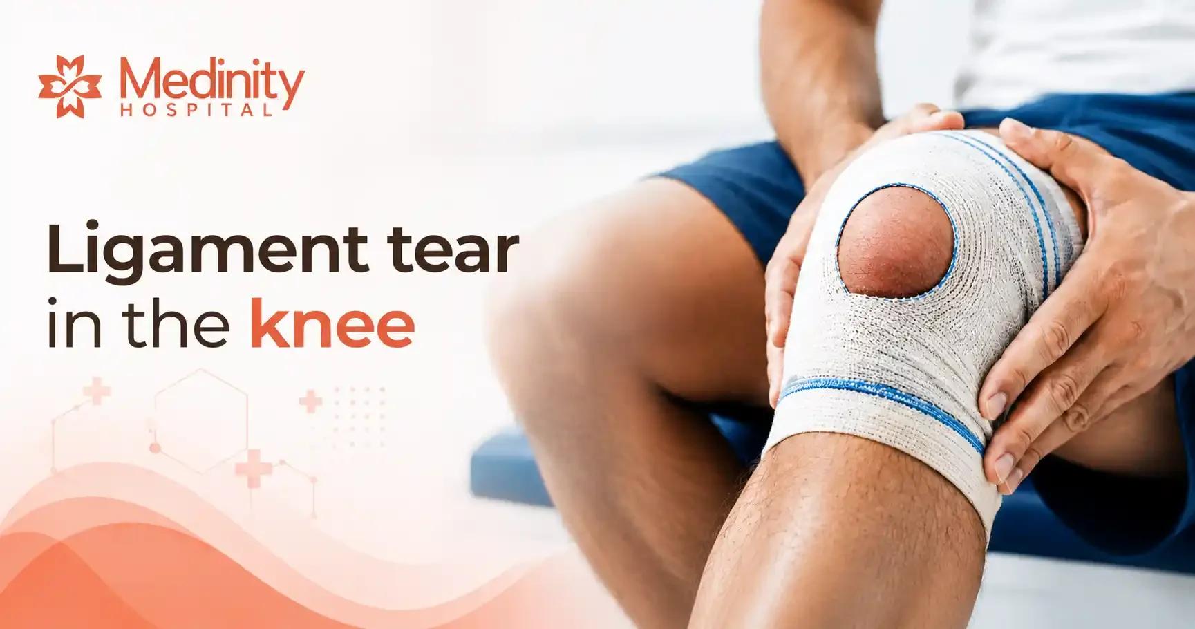 Knee ligament tear injury with support brace at Medinity Hospital Lucknow