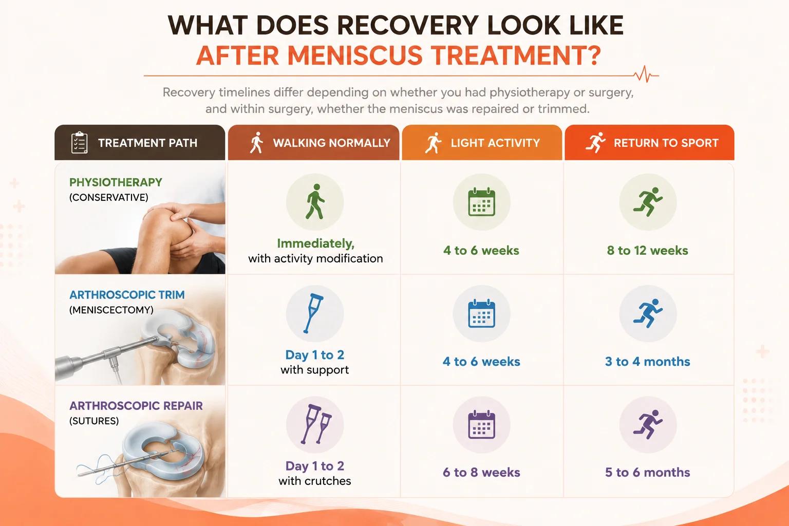 Meniscus treatment recovery timelines for physiotherapy, trim, and repair at Medinity Hospital Lucknow