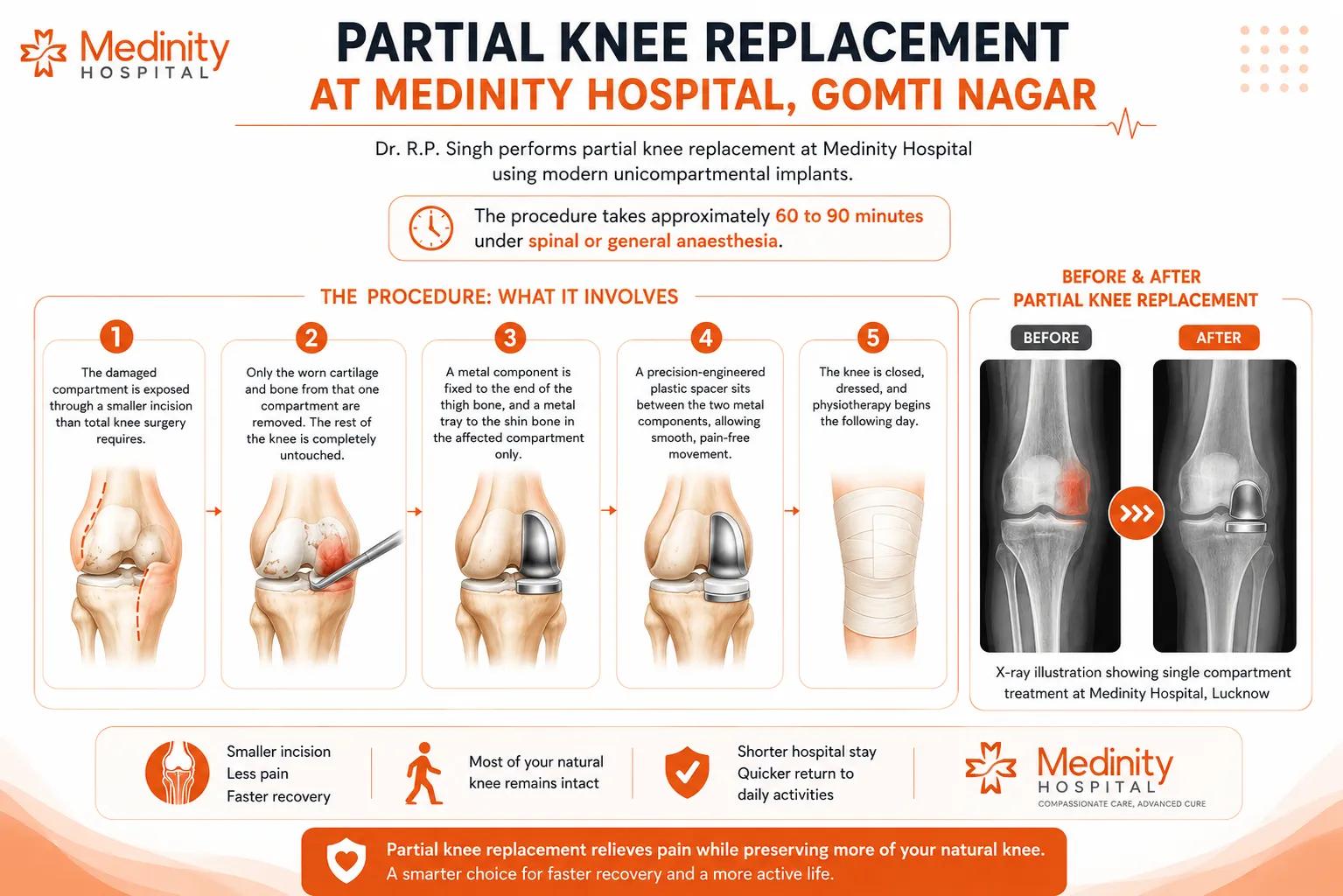 Before and after partial knee replacement procedure illustration showing single compartment treatment at Medinity Hospital Lucknow
