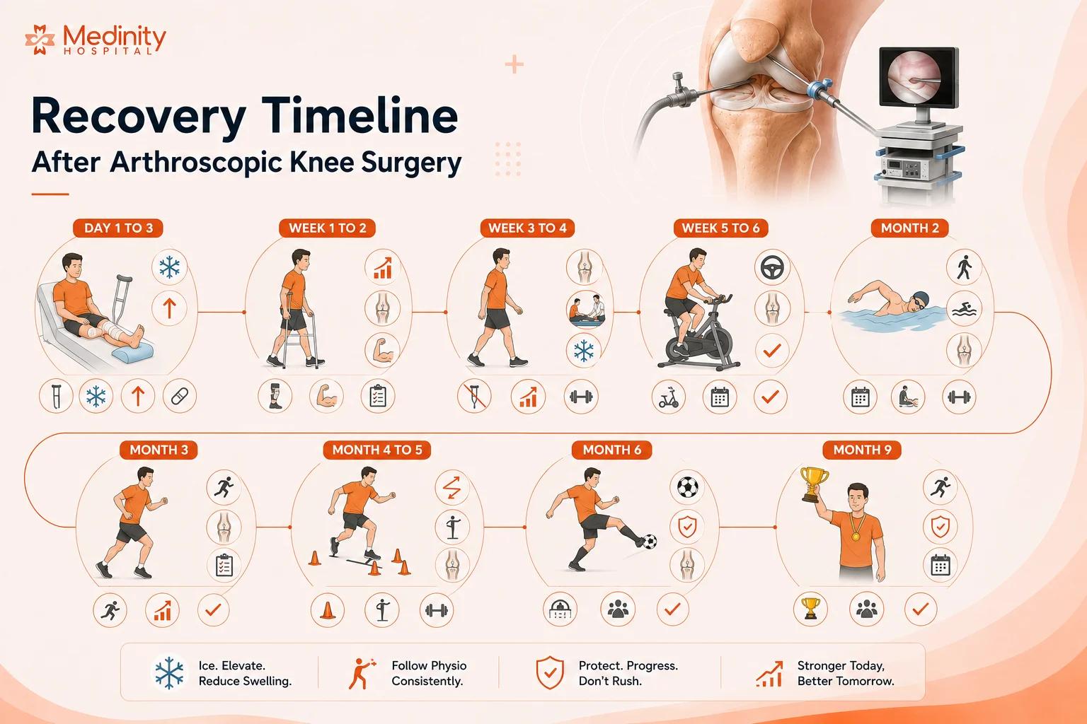 Recovery timeline after arthroscopic knee surgery at Medinity Hospital Lucknow