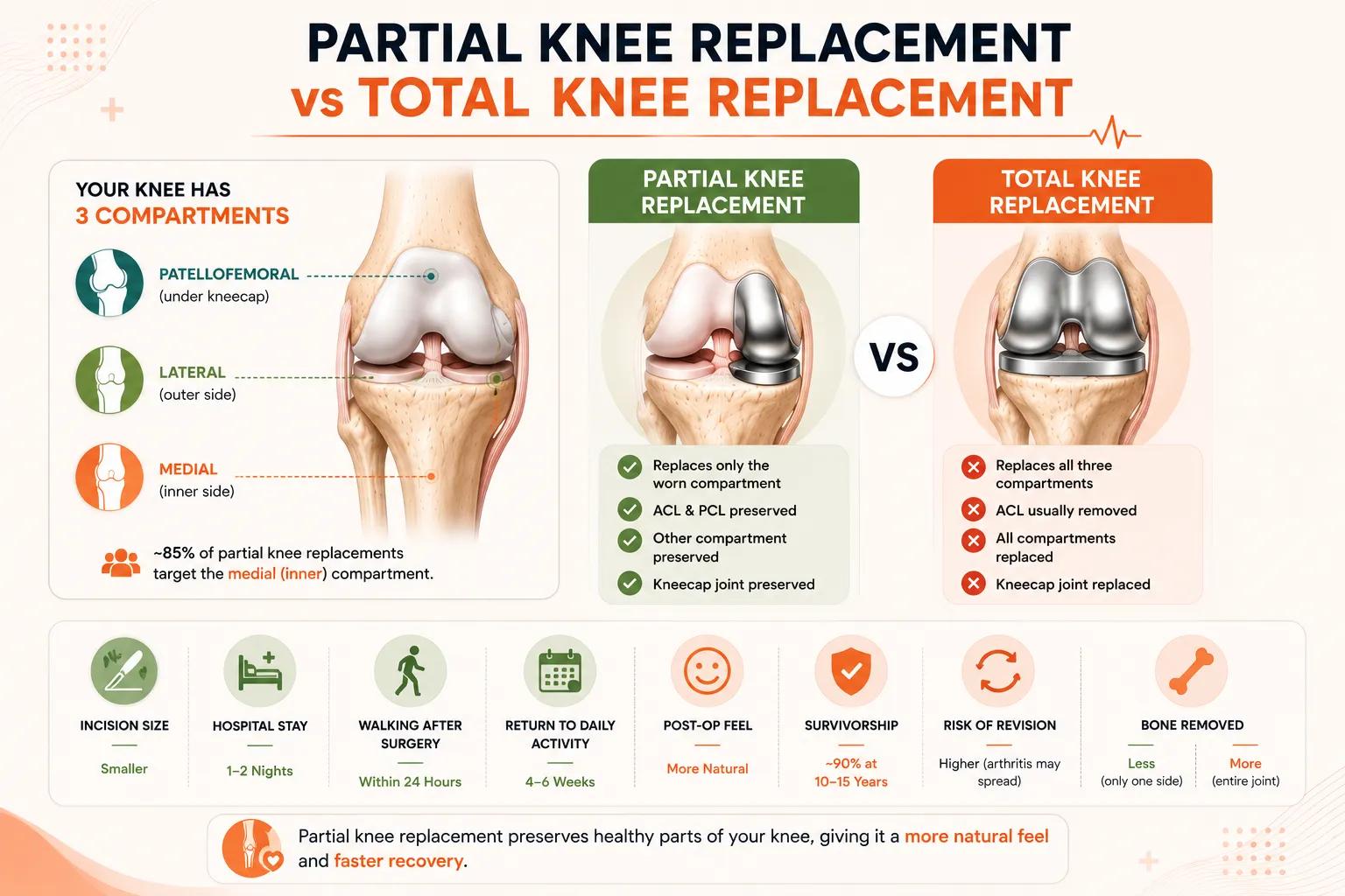 Comparison of partial vs total knee replacement showing preserved structures at Medinity Hospital Lucknow