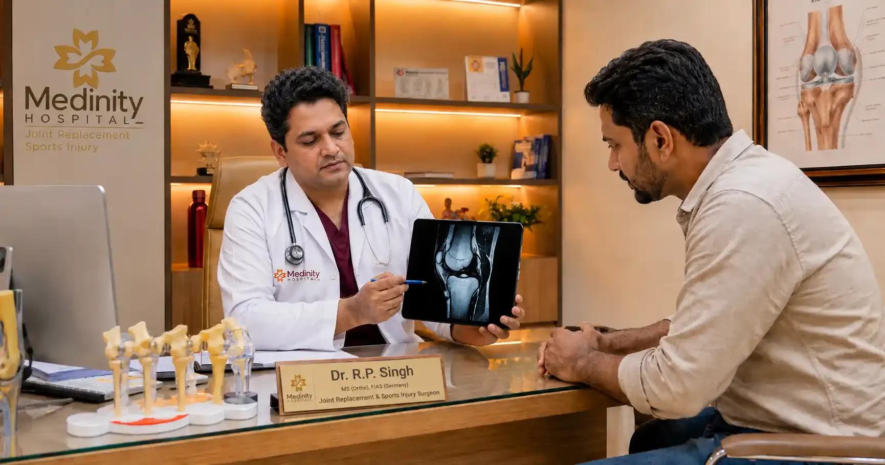 Dr. R.P. Singh consulting a patient for sports injury assessment at Medinity Hospital Lucknow