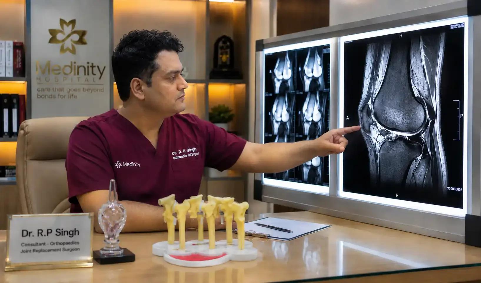 Dr. R.P. Singh reviewing MRI scan for sports injury diagnosis at Medinity Hospital Lucknow
