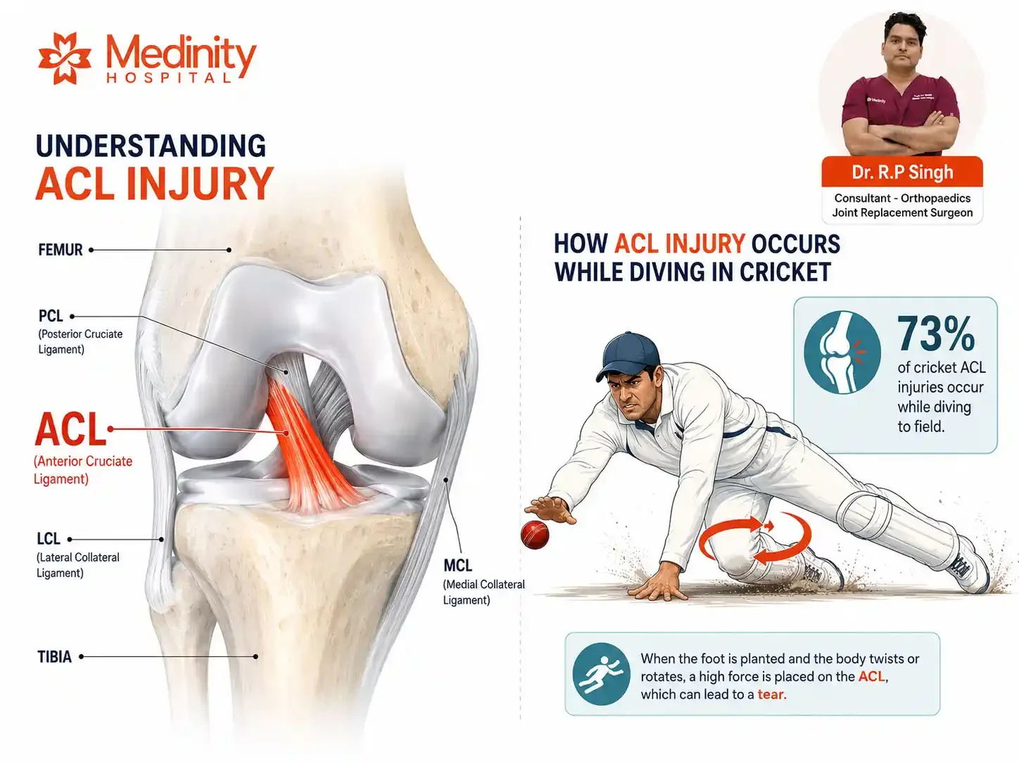 ACL knee anatomy infographic and cricket injury biomechanics at Medinity Hospital Lucknow