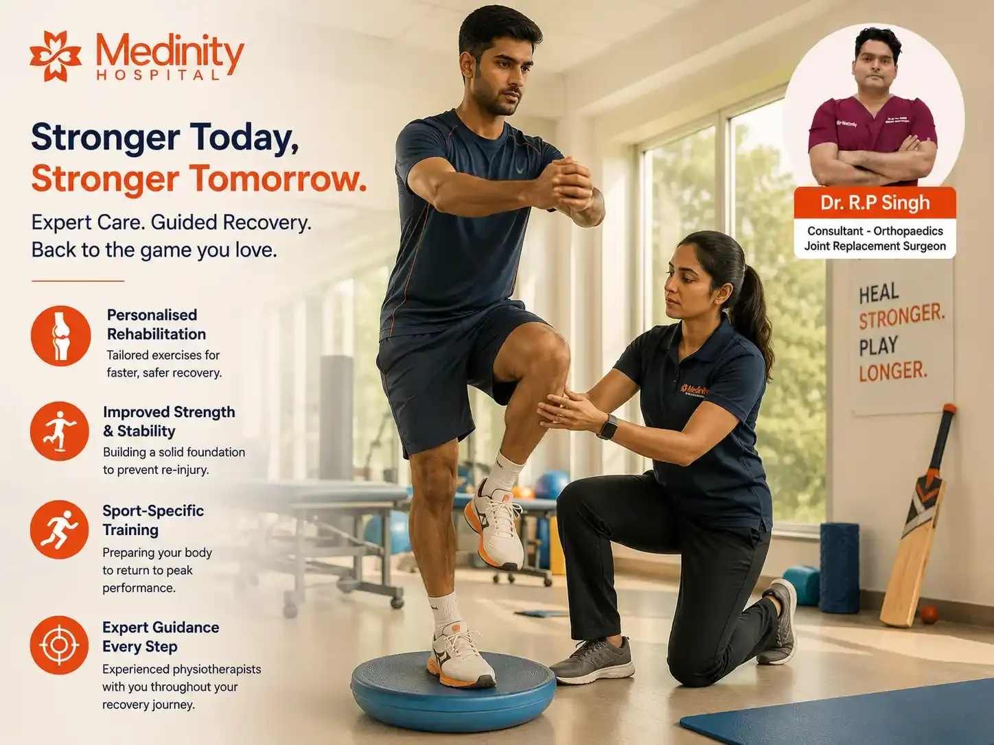 Cricket player physiotherapy rehabilitation session at Medinity Hospital Lucknow