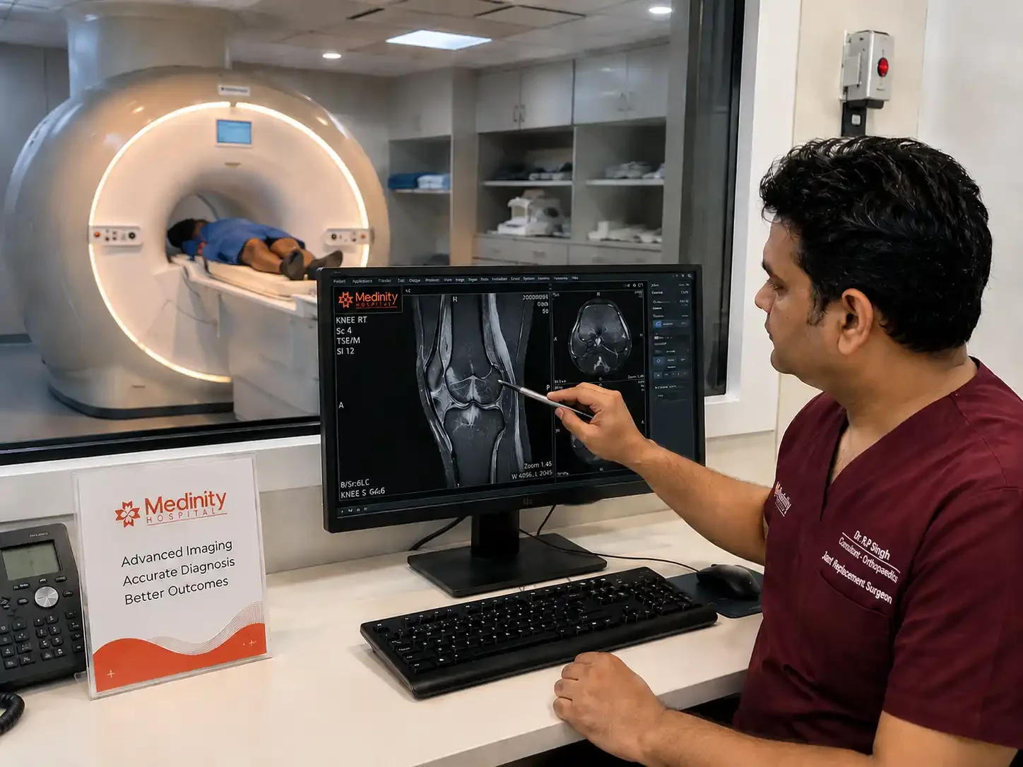 Dr. R.P. Singh examining a patient knee for ligament tear symptoms at Medinity Hospital Lucknow