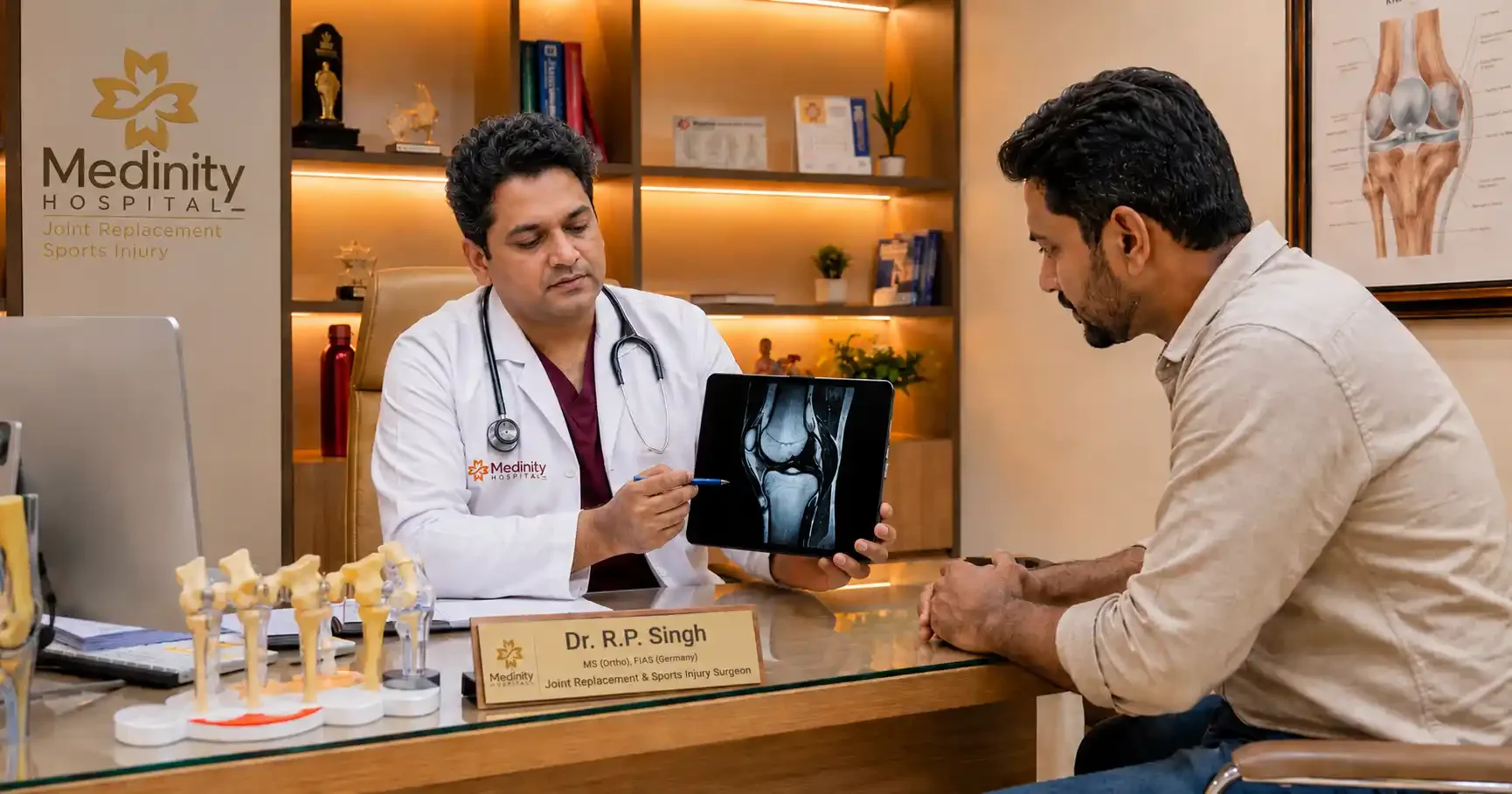 Dr. R.P. Singh consulting a patient for sports injury assessment at Medinity Hospital Lucknow